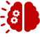 Red icon of a brain with gears and lines extending on the left side