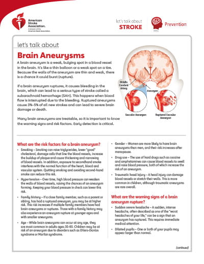front side of the Let's Talk About Stroke: Brain Aneurysms resource