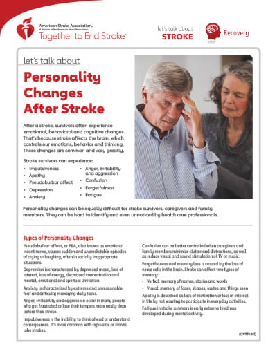 front page of the Let's Talk About Stroke: Personality Changes After Stroke resource