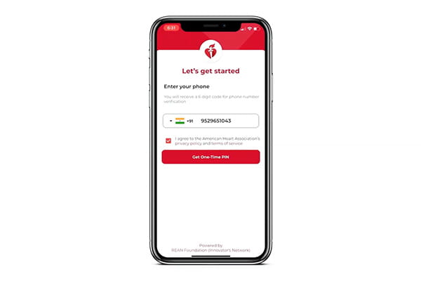 a smartphone on a white background showing a screen from the Heart & Stroke Helper app