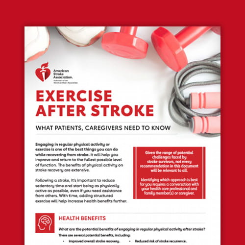 cropped first page of American Stroke Association's "Exercise After Stroke: What patients, caregivers need to know" pdf on a red background