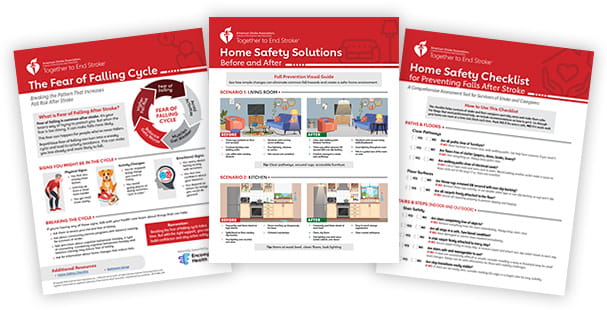 Three preventing falls resource documents are arranged in an arc.