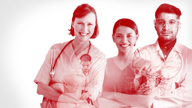 red-toned monochromatic image of three diverse smiling health professionals with a conceptual science overlay
