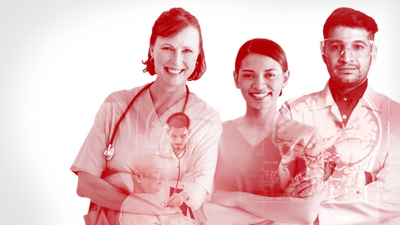 red-toned monochromatic image of three diverse smiling health professionals with a conceptual science overlay red-toned monochromatic image of three diverse smiling health professionals with a conceptual science overlay