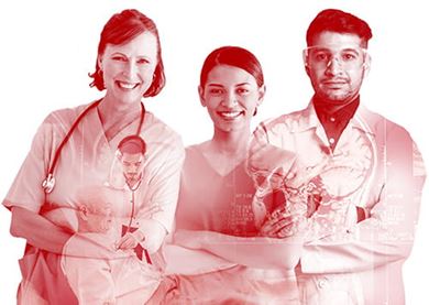 red-toned monochromatic image of three diverse smiling health professionals with a conceptual science overlay red-toned monochromatic image of three diverse smiling health professionals with a conceptual science overlay