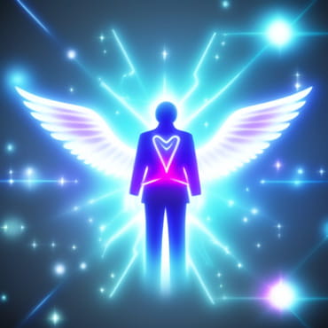 A digital illustration of a silhouetted person with white wings and a pink heart over the torso.
