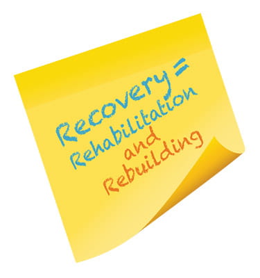 a digital illustration of a yellow sticky note with the words 'Recovery = Rehabilitation and Rebuilding' written on it