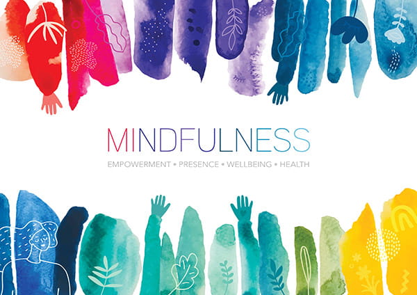 Colorful watercolor brush strokes coming in from the top and bottom with the words "Mindfulness: Empowerment, Presence, Wellbeing, Health" centered on a white background.