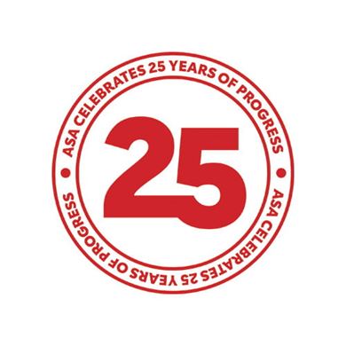 The American Stroke Association's 25th anniversary graphic: An extra-bold number 25 is encircled by the words ASA celebrates 25 years of progress in red