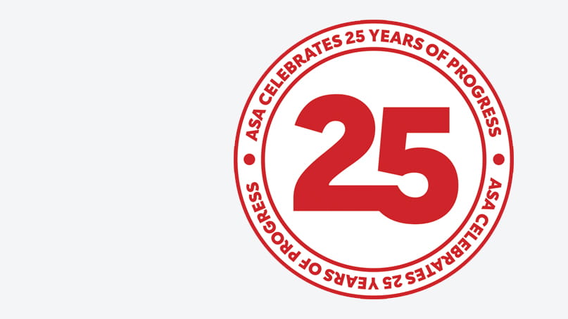 The American Stroke Association's 25th anniversary graphic: An extra-bold number 25 is encircled by the words ASA celebrates 25 years of progress in red