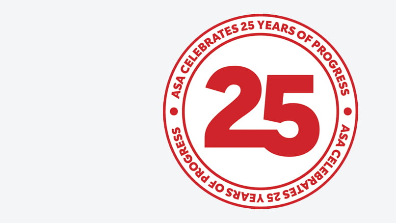 The American Stroke Association's 25th anniversary graphic: An extra-bold number 25 is encircled by the words ASA celebrates 25 years of progress in red The American Stroke Association's 25th anniversary graphic: An extra-bold number 25 is encircled by the words ASA celebrates 25 years of progress in red