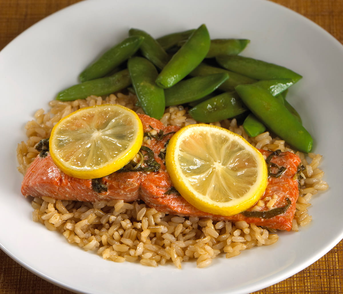 Citrus Ginger Honey Glazed Salmon with Whole Grain Rice and Sugar Snap