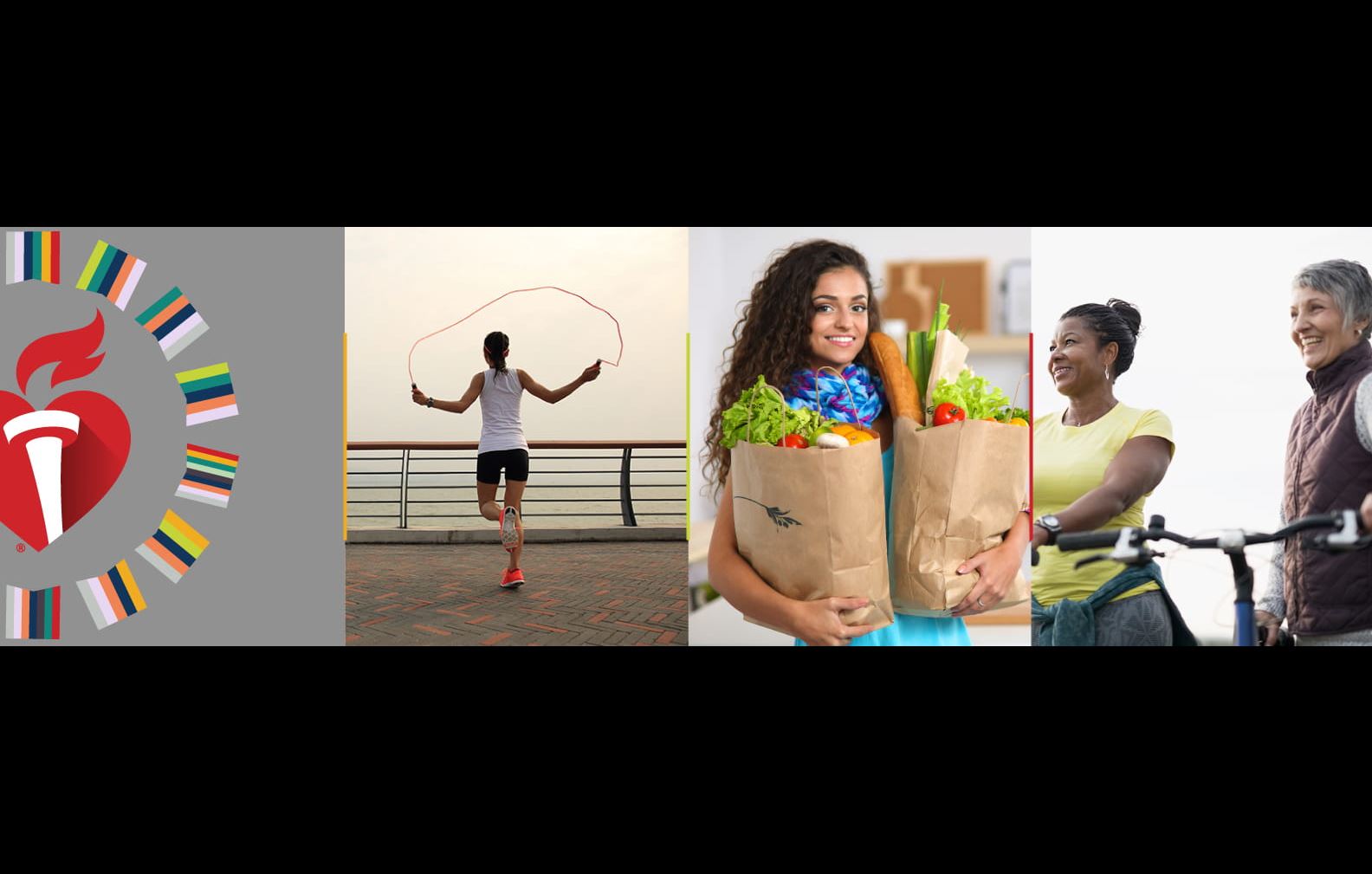 Heart and torch along with images of people being healthy
