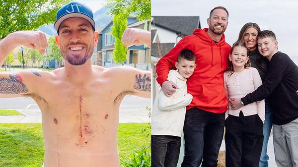 JT Laybourne showing his chest scar and smiling with his family JT Laybourne showing his chest scar and smiling with his family
