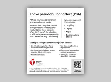 Pseudobulbar affect (PBA) ID card on a grey background Pseudobulbar affect (PBA) ID card on a grey background