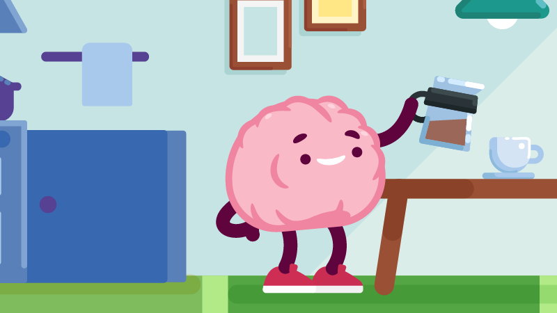 A colorful illustration of a pink brain character pouring a cup of coffee in a kitchen