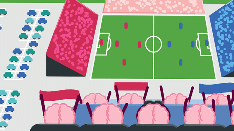 A colorful illustration of pink brain characters watching a soccer game and cheering from the stands