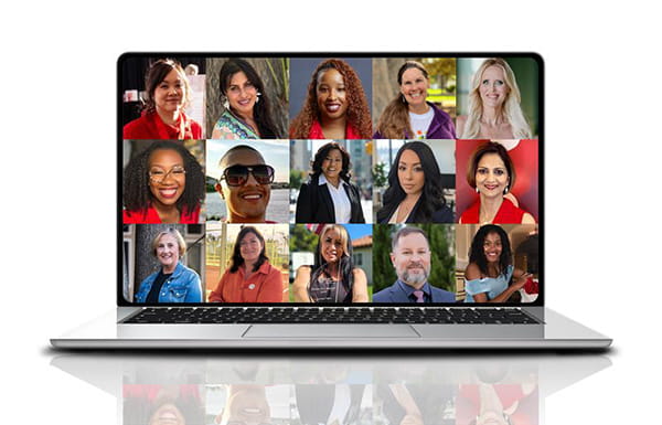 A colorful grid of diverse faces on a laptop screen.
