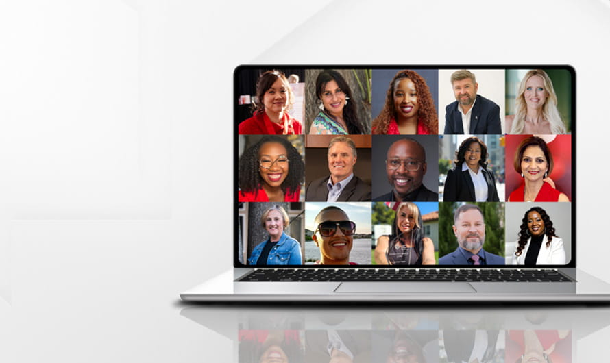 A colorful grid of diverse faces on a laptop screen.
