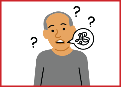Digital illustration of a man with a speech bubble and question marks floating around his head