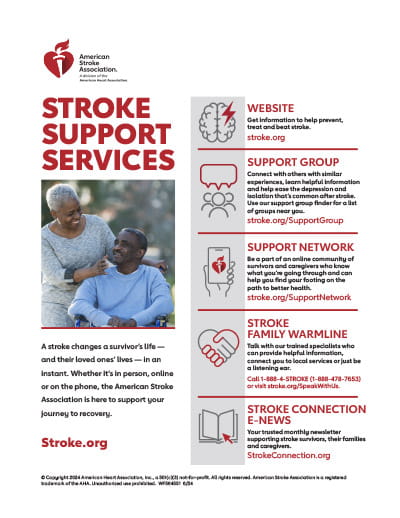 A document showing the various support services offered by the American Stroke Association