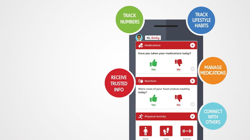 illustration of the app on a smartphone with round colored callouts: track numbers, track lifestyle habits, receive trusted info, manage medications, and connect with others illustration of the app on a smartphone with round colored callouts: track numbers, track lifestyle habits, receive trusted info, manage medications, and connect with others