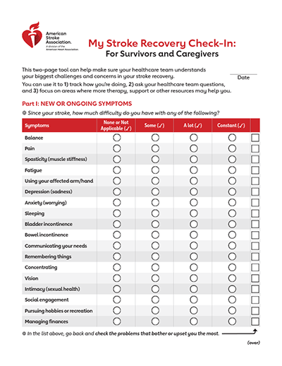 Front side of the My Stroke Recovery Check-In form