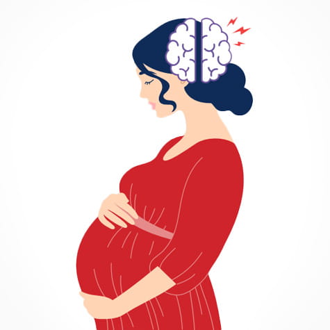 Digital illustration of a pregnant woman and electrical charges coming from her brain