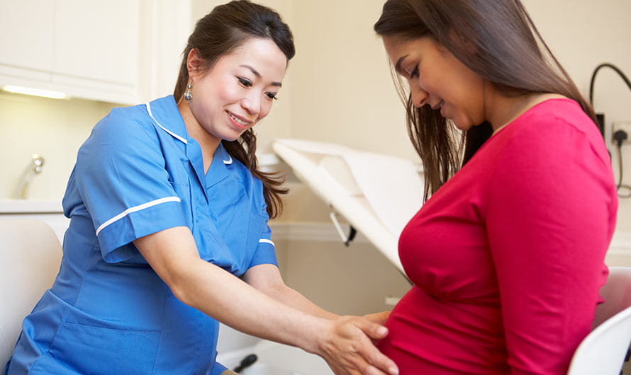 Health care professional checking pregnant woman