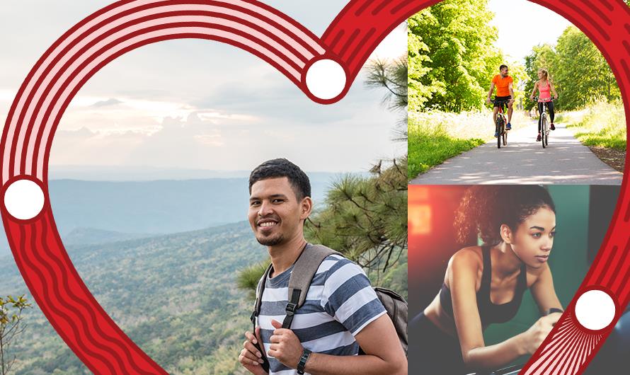 a collage of people riding bicycles indoors and outdoors enveloped by a red heart graphic a collage of people riding bicycles indoors and outdoors enveloped by a red heart graphic