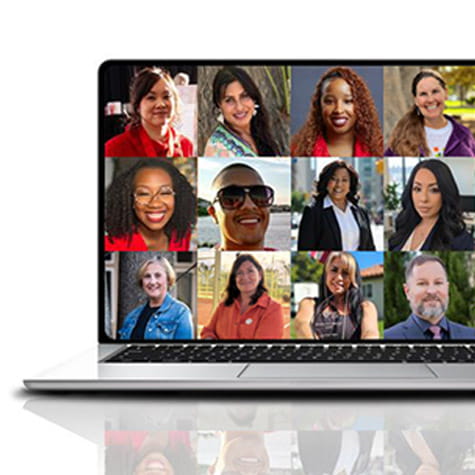 A colorful grid of diverse faces on a laptop screen.