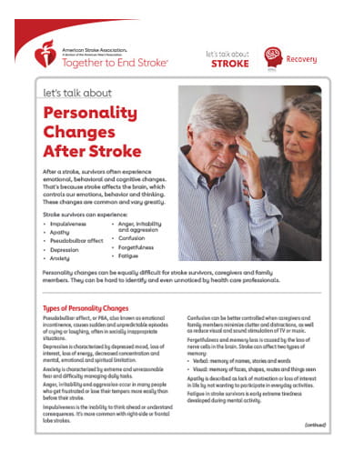 front page of the Let's Talk About Stroke: Personality Changes After Stroke resource