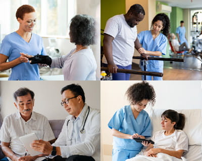 A grid of four images showing health care professionals consulting patients in different stages of recovery. A grid of four images showing health care professionals consulting patients in different stages of recovery.