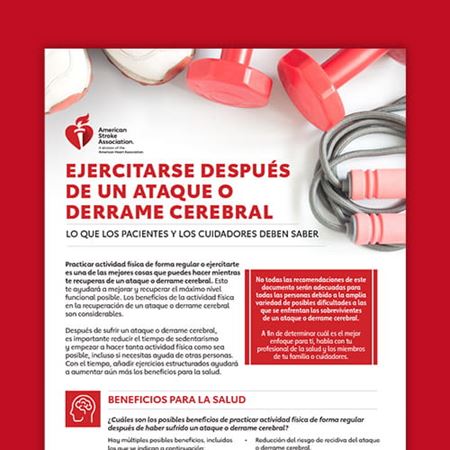 Primera página recortada del PDF "El ejercicio después de un ataque o derrame cerebral" de la American Stroke Association sobre un fondo rojo Primera página recortada del PDF "El ejercicio después de un ataque o derrame cerebral" de la American Stroke Association sobre un fondo rojo