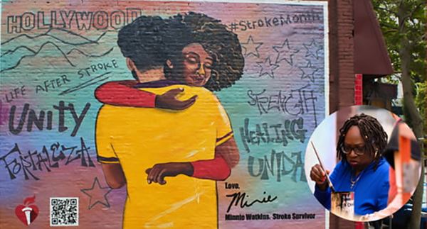 A round inset of Minnie Watkins with a paintbrush is next to her street mural of a man and woman hugging in front of the Hollywood sign surrounded by impactful words like "unity." A round inset of Minnie Watkins with a paintbrush is next to her street mural of a man and woman hugging in front of the Hollywood sign surrounded by impactful words like "unity."